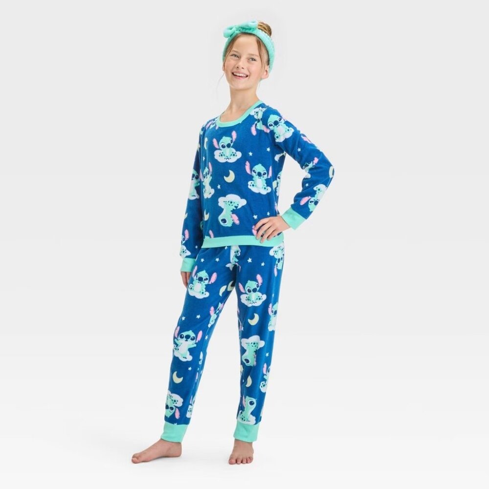 Disney Lilo & Stitch Youth Girls Small 6/6X 2 Pc Fleece Pajama Set with Headband